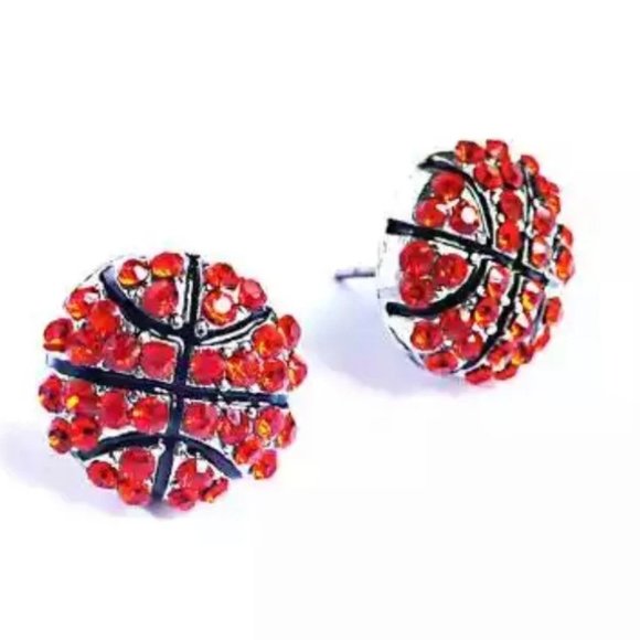 Basketball Sports Stud Earrings - Rhinestone Crystal Bling, Athletic Fashion - Picture 1 of 4
